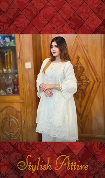 Rangoon Frock style Chiffon Stitched 3 Pcs With Palazzo_ Off White